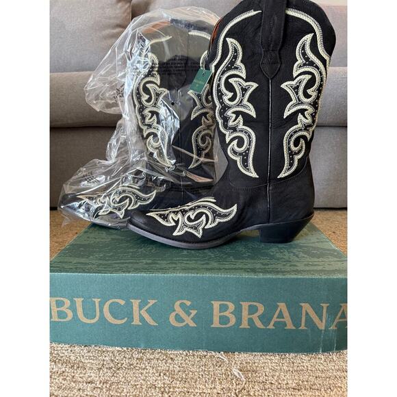 NEW Buck and‎ Brana Ginger Florida Cowboy Boots W11 Black White Leather - Picture 1 of 8